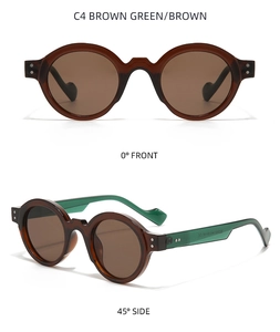Vistas detalladas de gafas de sol retro redondas con montura marrón y patillas verdes