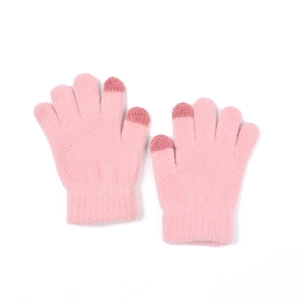 Pink knit touchscreen gloves for children featuring ribbed cuffs and warm thermal fabric