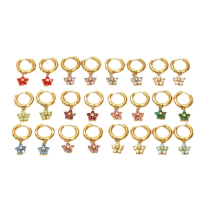 Golden flower hoop earrings set with colorful zircon stones in 12 monthly birthstone colors