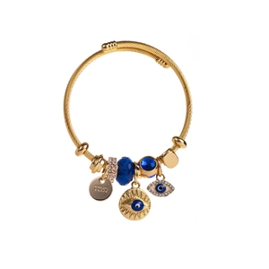 Gold-tone adjustable cable bracelet featuring evil eye charms and blue crystal beads