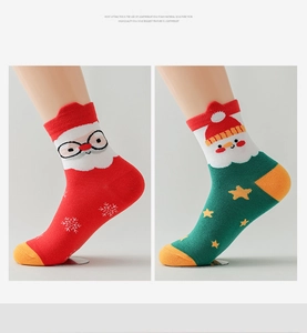 Detail of Christmas crew socks featuring Santa and snowman patterns with 3D ear accents