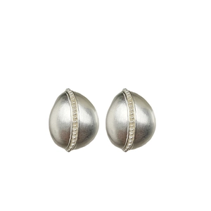 Minimalist silver oval drop earrings with matte metal texture and bead detail