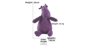 Detailed view of purple plush dog toy with corduroy texture and 26cm height dimensions