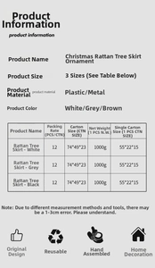 Specifications of Christmas rattan tree skirt in plastic and metal material with color options