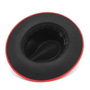 Detail of red and black Fedora interior showing the 65% cotton blend material wash label