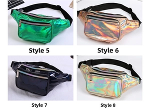 Detailed grid view of holographic PVC waist bags in green, rose gold, black, and silver