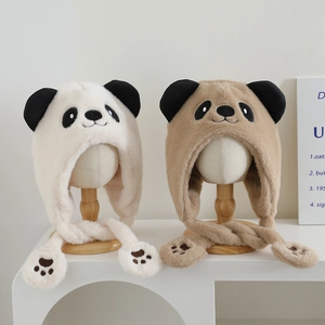 Chapeau En Peluche Panda Pour Enfants Fausse Fourrure Chaud Épais Casquette À Oreillettes Broderie Animale Avec Empreinte De Patte
