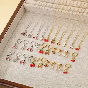 Bijoux Collier Boucles D'oreilles Cerise Cœur Zirconia Pour Femmes Acier Inoxydable Émail Doux Pastoral Elegant