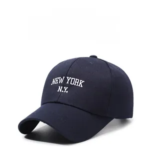 Detailed close-up of navy blue baseball cap featuring white New York letter embroidery
