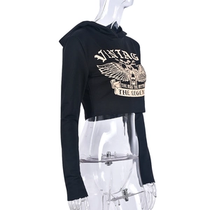 Detail view of black cropped hoodie with vintage graphic print and long sleeves