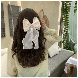 Detail of a large double-layered beige organza bow hair clip worn by a model in soft light