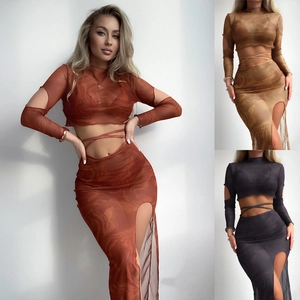 Sexy Mesh Long Sleeve Crop Top And High Slit Maxi Skirt Marble Print Beach Cover Up Outfits For Women