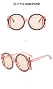 Front and side views of large-frame square-round sunglasses in light tea champagne color