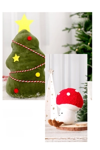 Close-up of cute plush Christmas mushroom and festive green tree doll hanging ornaments