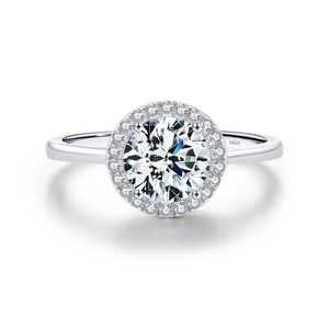 Elegant S925 sterling silver halo ring featuring a large round zircon and polished band