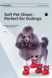 Detail showing red waterproof pet shoes for small dogs with adjustable buckles