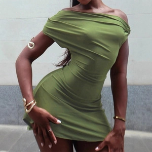 Slim fit olive green off-shoulder mini dress with silky elastic fabric for women