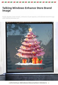 Dettaglio di adesivi natalizi rosa per finestre con albero, regali e testo Merry Xmas
