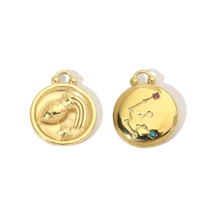 Detailed front and back of gold Aquarius zodiac pendant with small inlaid gemstones
