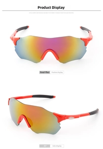 Front and side macro views of cycling sports sunglasses with red frame and colorful lenses