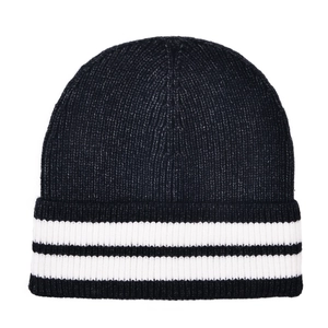 Detailed knit texture of a black wool beanie with white stripes and ribbed design