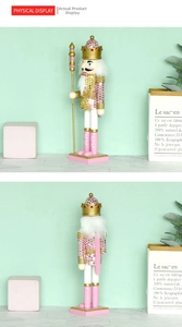 Detail of pink sequin nutcracker soldier with gold crown and scepter on a base