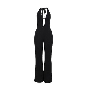 Elegant black lace halter jumpsuit with deep V-neck and flared legs for autumn fashion