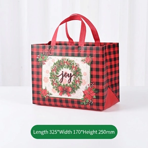 Buffalo plaid Christmas tote bag with joy wreath and 325x170x250mm size dimensions
