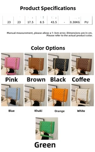 Detailed size specifications and weight info for the quilted PU chain shoulder bag