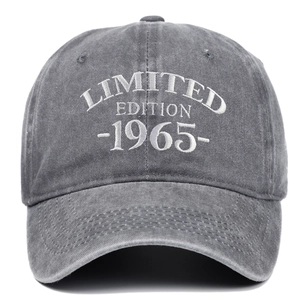 Detail of grey washed cotton baseball cap with white 1965 Limited Edition embroidery
