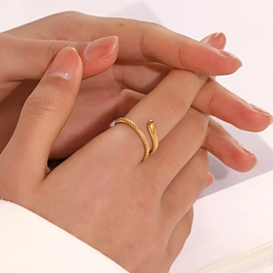 Stainless Steel Gold Plated Snake Ring For Women Adjustable Opening Wrap Around Snake Scale Texture Fashion Jewelry