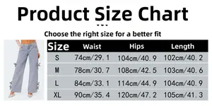 Detailed size chart for retro straight-leg pants with waist, hip, and length guide