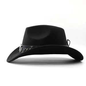Detail of black wool cowboy hat with leather band and silver horse ornament