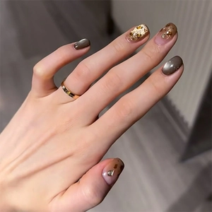 Leopard Print Cat Eye Press On Nails Amber Brown Gradient With Rhinestone Gold Foil Short Round Elegant For Women