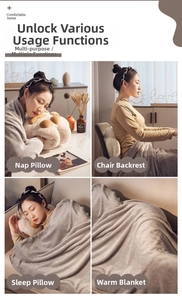 Close-up of cat paw plush pillow and grey flannel blanket for office nap and home use