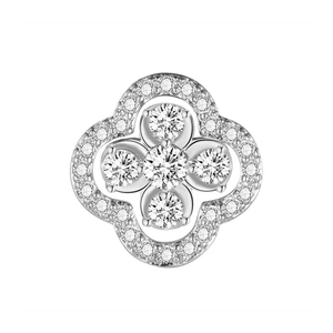 Detailed close-up of a silver four-leaf clover pendant with sparkling zircon inlays