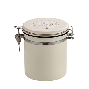 Beige stainless steel coffee canister with airtight locking lid and date tracking dial