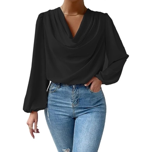 Elegant black long sleeve chiffon blouse with draped V-neck and cuffed sleeves
