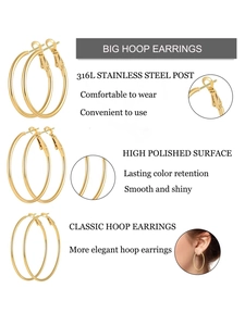 Macro view of high polished gold hoop earrings showing 316L stainless steel pin