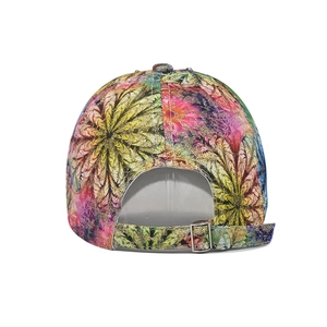 Rear view of floral print baseball cap featuring adjustable metal buckle and vibrant patterns