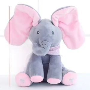 Detail view of 30cm grey plush elephant with interactive sing and play embroidery
