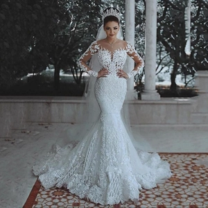 Robe De Mariée Sirène Col En V Profond Manches Longues Broderie Dentelle Tulle Robe De Mariée Avec Longue Traîne Blanc