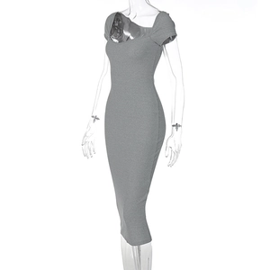 Detail view of grey ribbed midi dress featuring a square neckline and slim fit silhouette