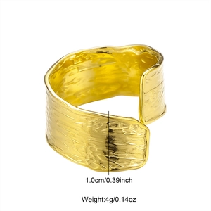 Gold stainless steel punk open ring with irregular bark texture and metallic luster