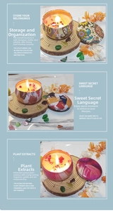 Detailed view of scented candles in artistic tin jars with dried flower petal toppers