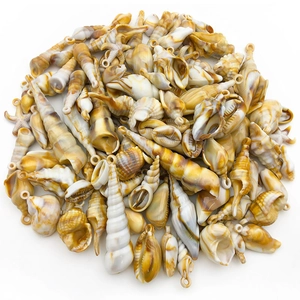 Detailed pile of natural seashell and starfish pendants with metal rings for DIY jewelry