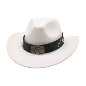 Detail of white felt cowboy hat featuring floral embroidery and a vintage silver buckle