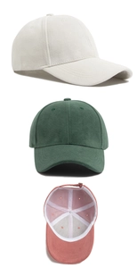 Detail of suede baseball cap showing interior structure and metal adjustable buckle