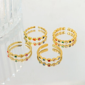 Luxurious gold-plated rhombus rings set with colorful gemstones and textured beaded bands