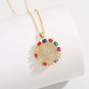 18K gold plated ferris wheel pendant necklace with colorful zircons and heart stone